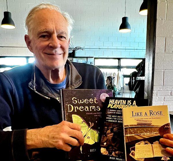 Mr. Rick Telander with his three books, Sweet Dreams, Heaven is a Playground, and Like A Rose.