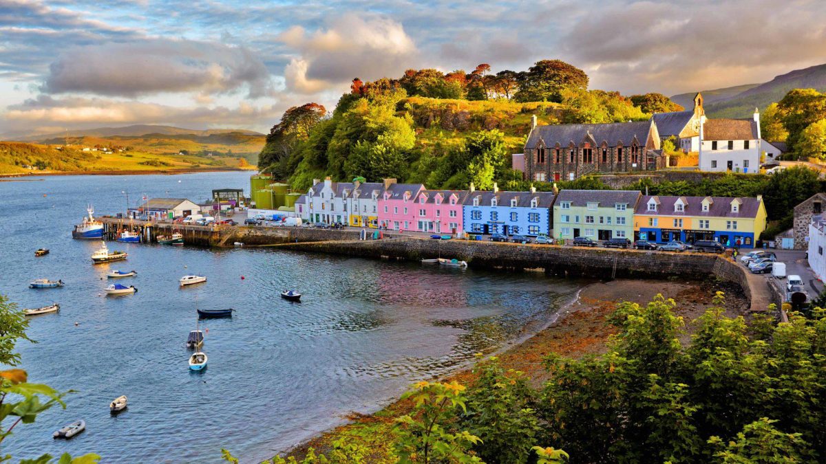 Charming town named Portree in Isle of the Skye, Scotland.